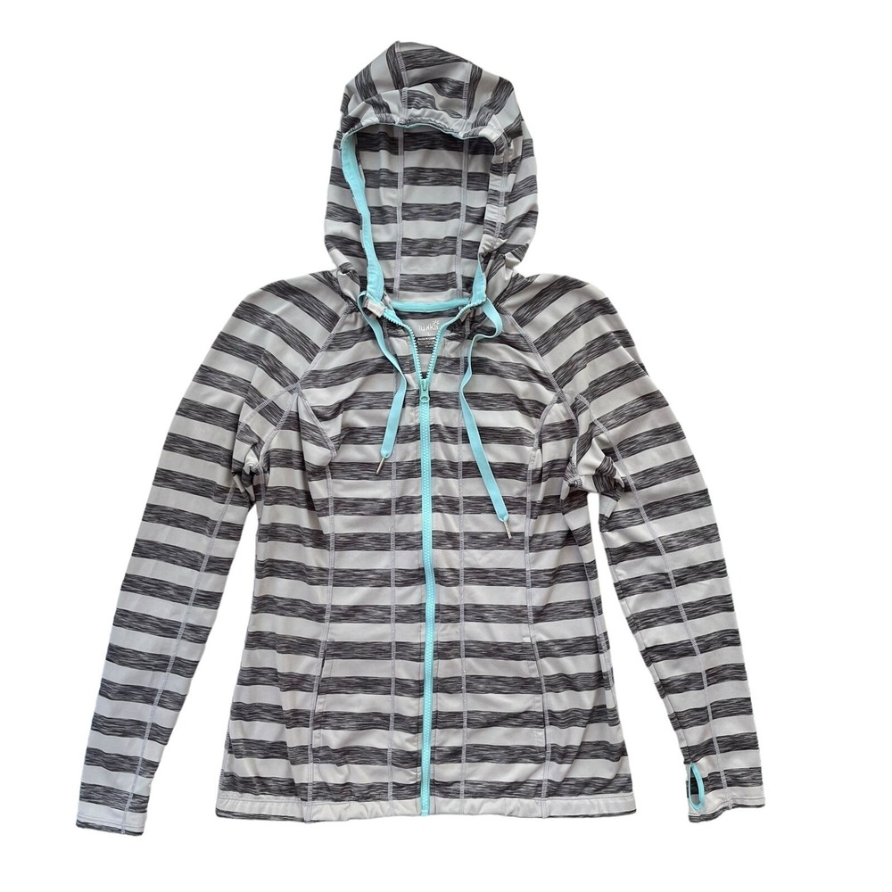 Lukka Women's L Grey Turquoise Striped Full Zip Thumbholes Active Hoodie Sporty